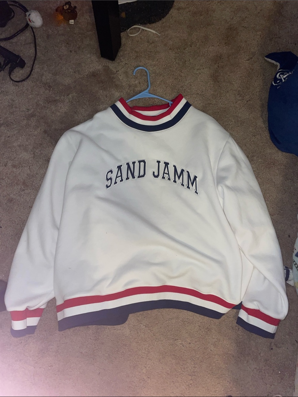 SAND JAMM White Crewneck Sweatshirt with Red & Navy Stripes